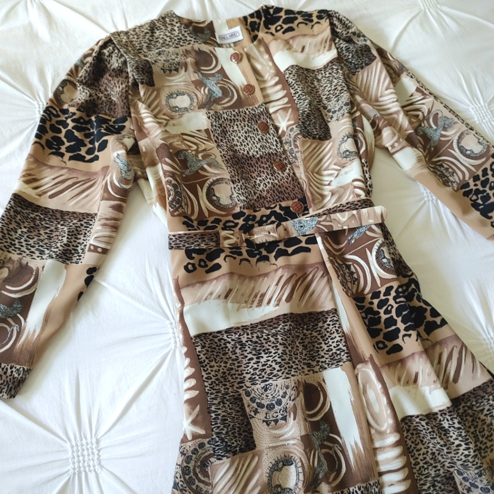 D'allaird's vintage 80s brown animal print belted midi dress. Size 16